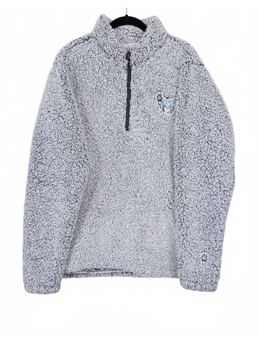 GOAT USA Men's Blue Sherpa Fleece Quarter Zip Pullover Chuck Logo Sweater Large